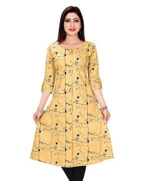 round-neck a-line kurti with roll-up sleeves