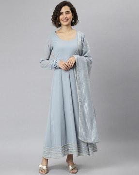 round-neck anarkali kurta with striped dupatta