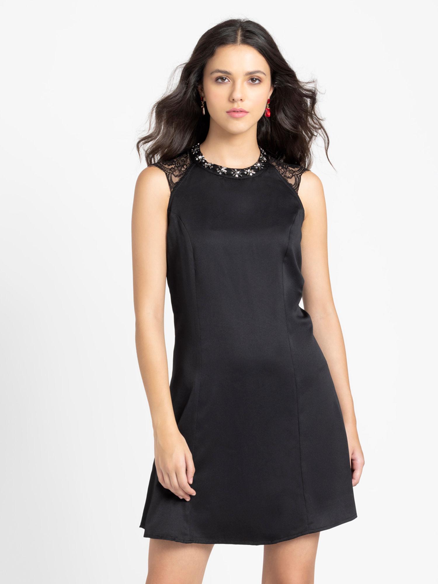 round neck black embellished sleeveless party dress for women