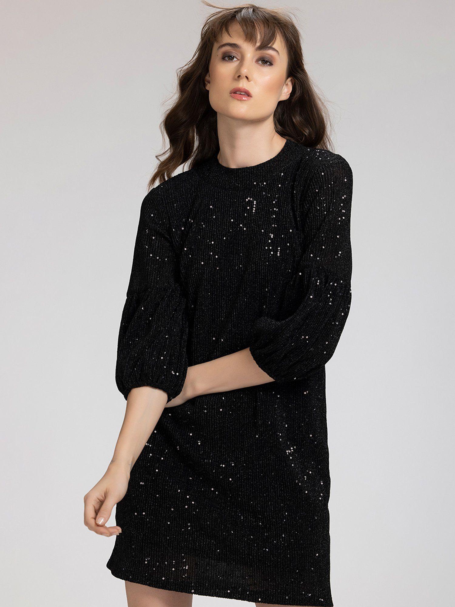 round neck black embellished three fourth dress for women