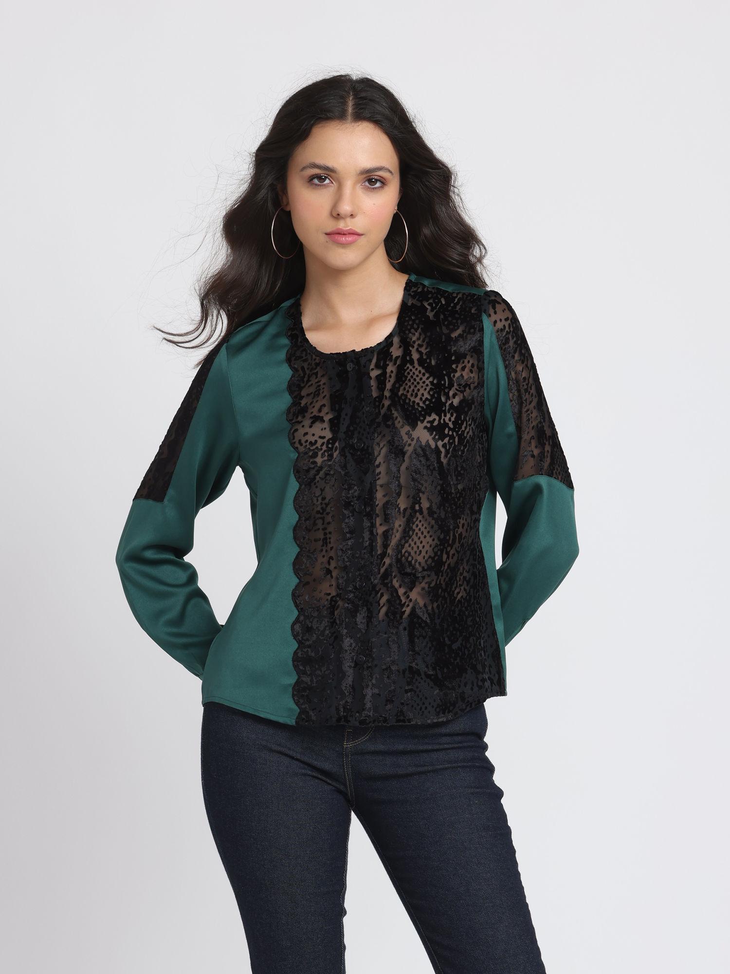 round neck black embroidered long sleeves casual top for women