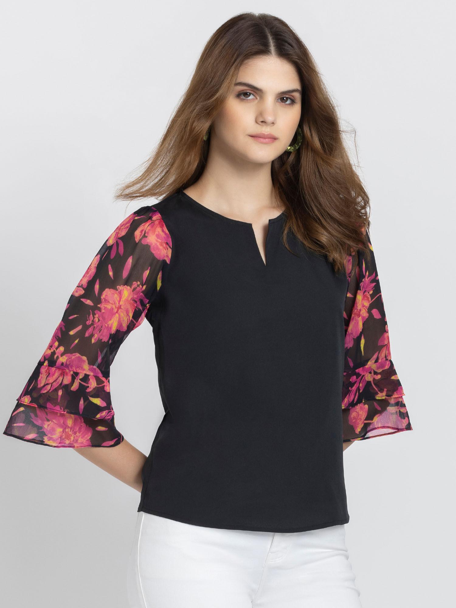 round neck black floral three fourth sleeves casual tops for women