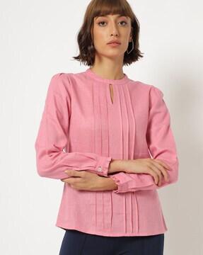 round-neck blouse with pintucks