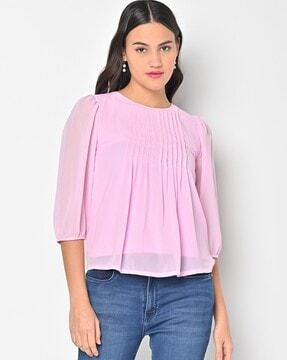 round-neck blouse with pintucks