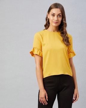 round-neck blouse with ruffle accent