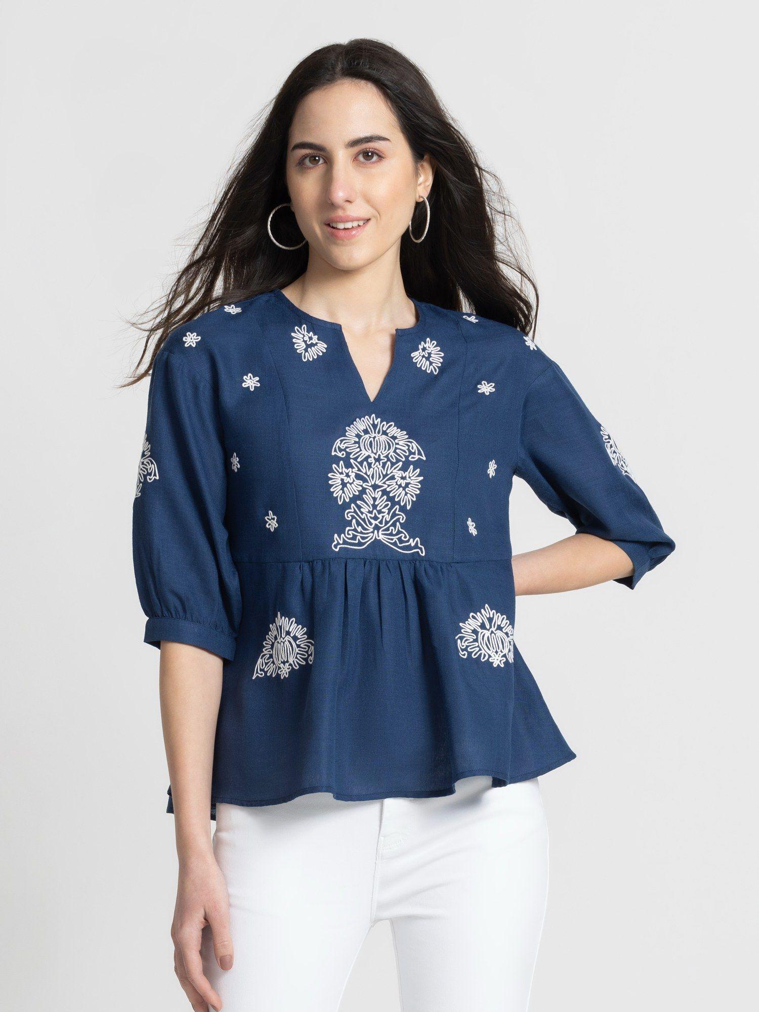 round neck blue embroidered three-quarter sleeves casual top for women