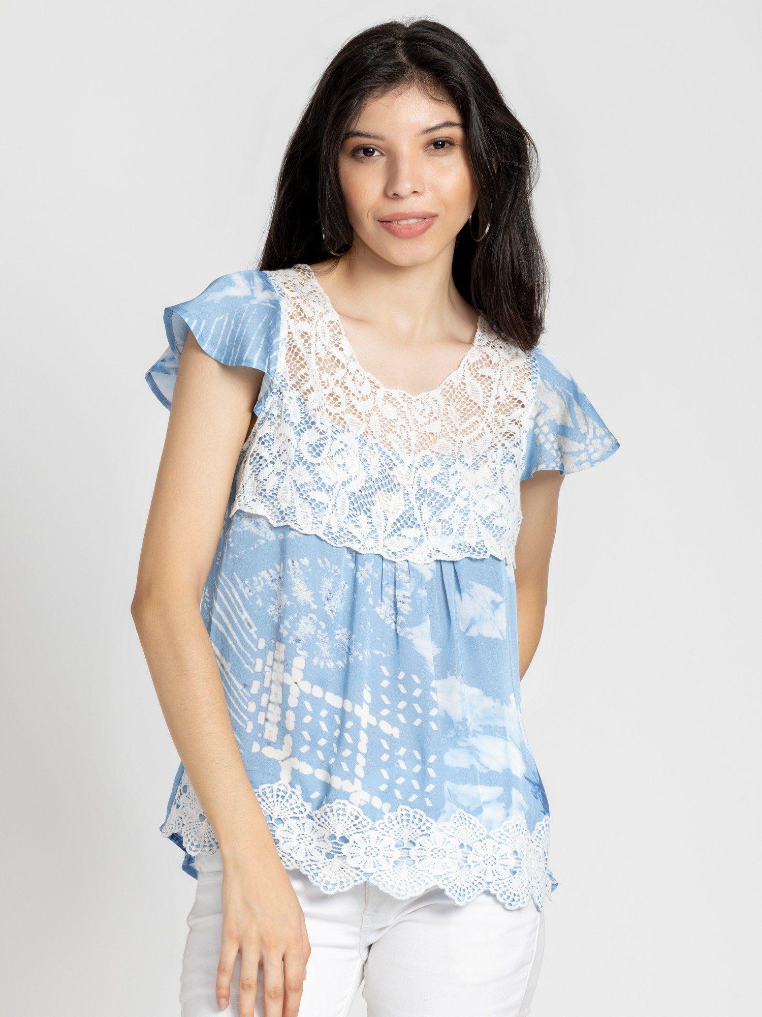 round neck blue printed ruffled sleeves casual tops for women