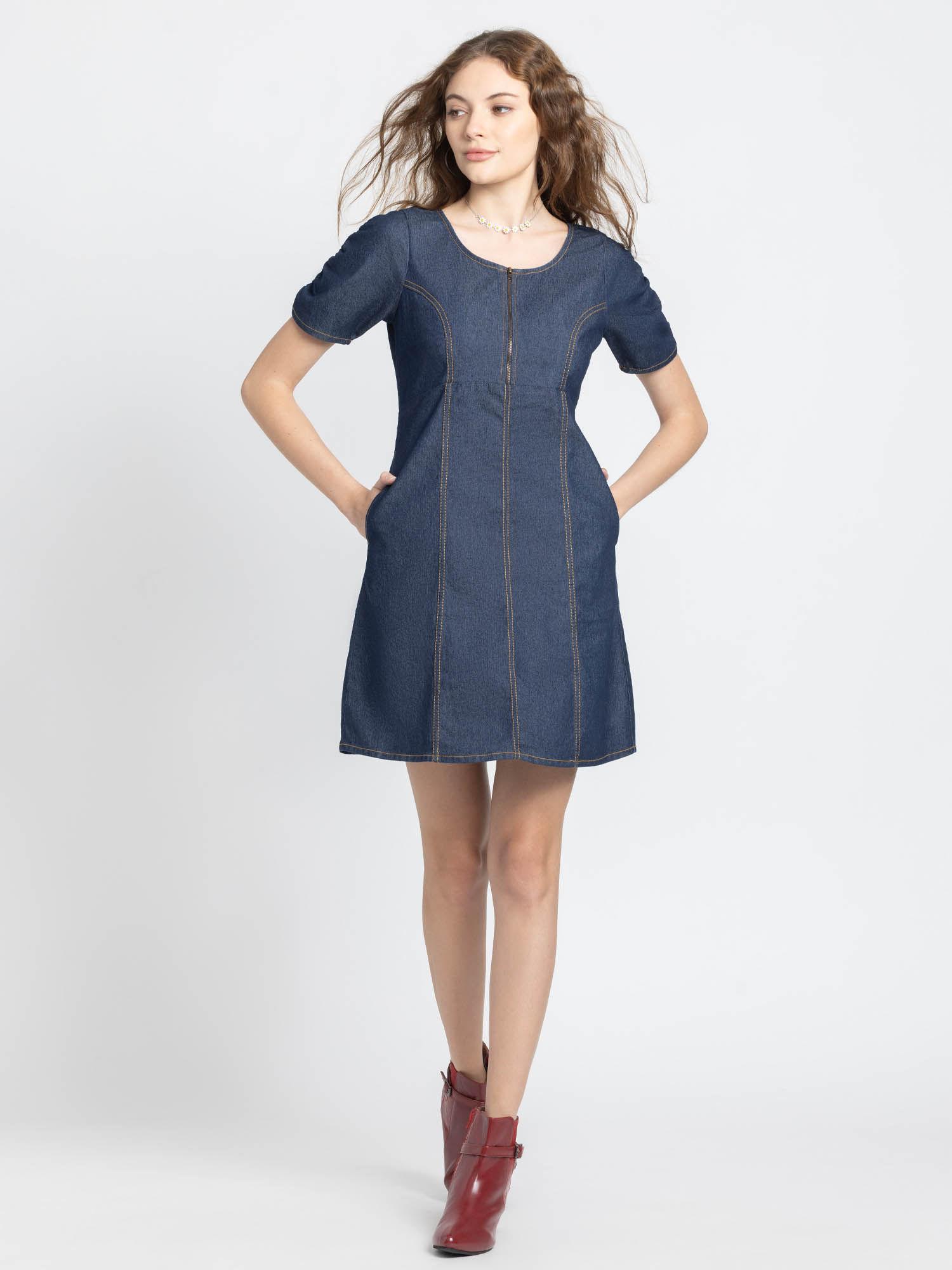 round neck blue solid short sleeves casual dresses for women