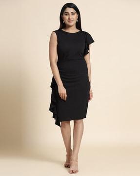 round-neck bodycon dress with ruffles