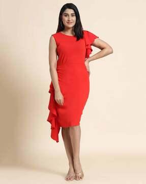 round-neck bodycon dress with ruffles