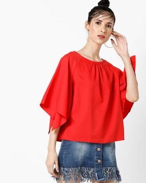 round-neck boxy top with flared sleeves