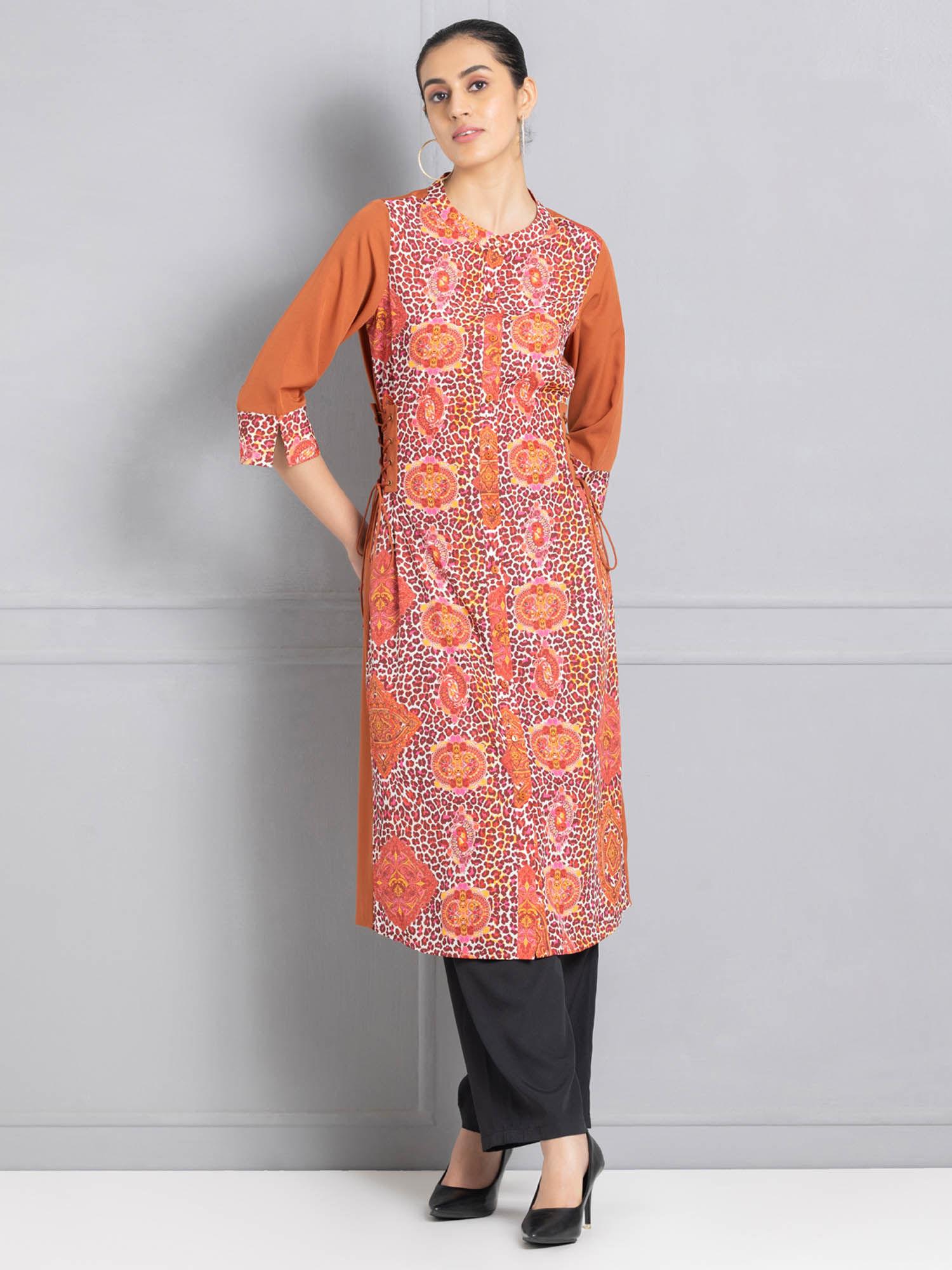 round neck brown animal print three-quarter sleeves ethnic kurta for women