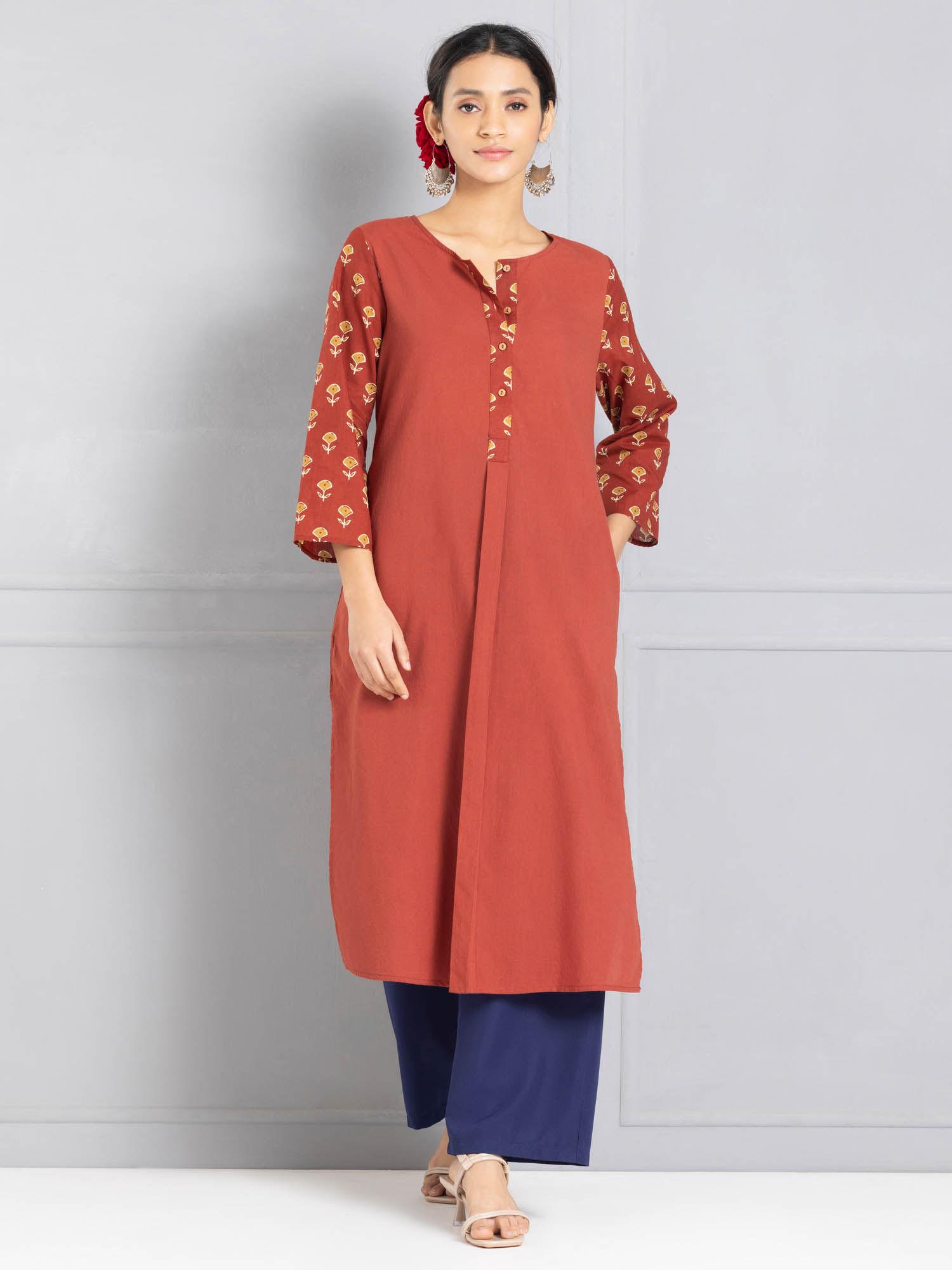 round neck brown printed three-quarter sleeves ethnic kurta for women