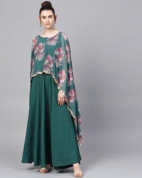 round-neck cape gown with floral print overlay