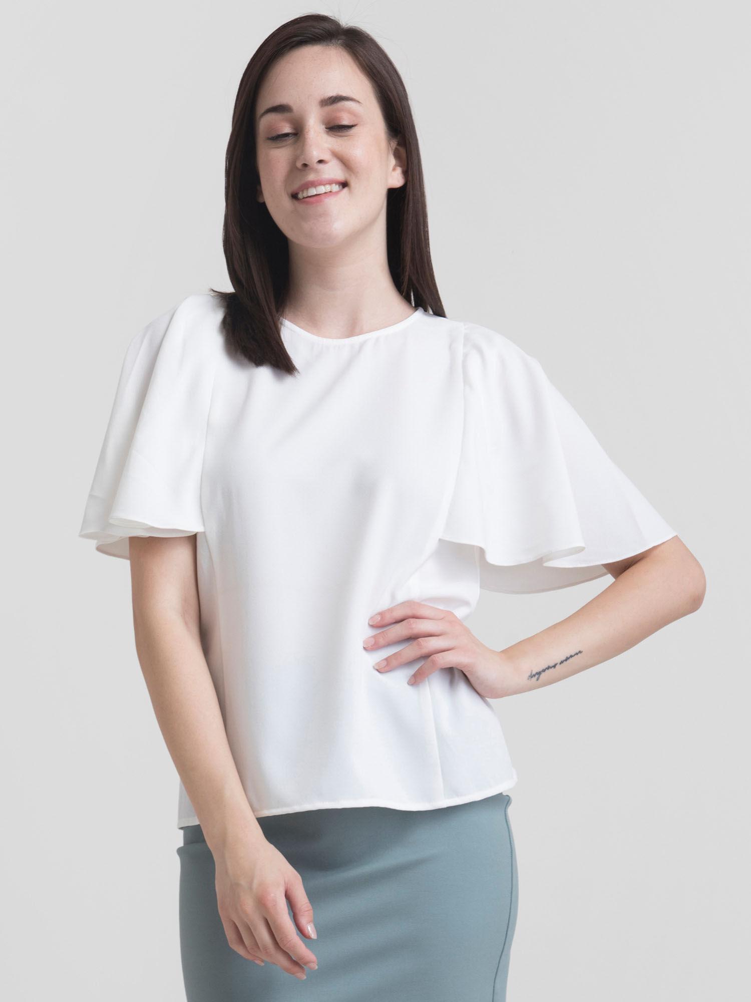 round neck cape sleeve top - white