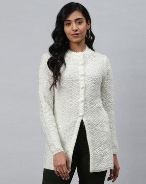 round neck cardigan with geometric detail