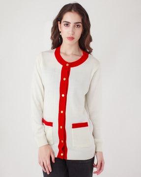 round-neck cardigan with patch pockets