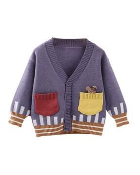 round-neck cardigan with patch pockets