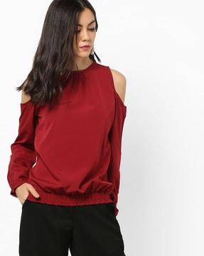 round-neck cold-shoulder blouson with smocked hems