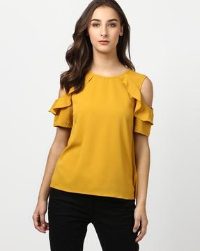 round-neck cold-shoulder top with ruffle