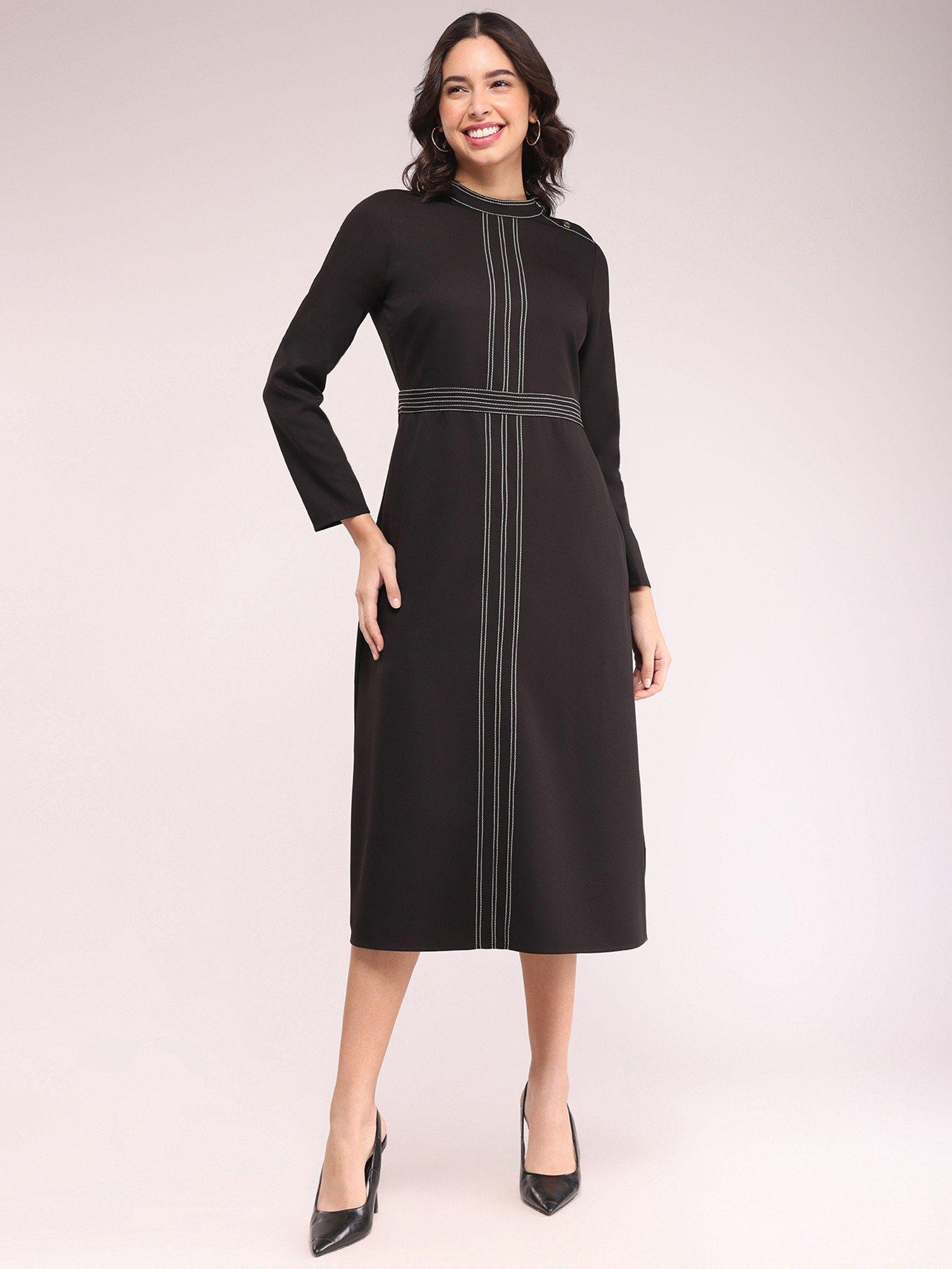 round neck contrast stitch dress - black