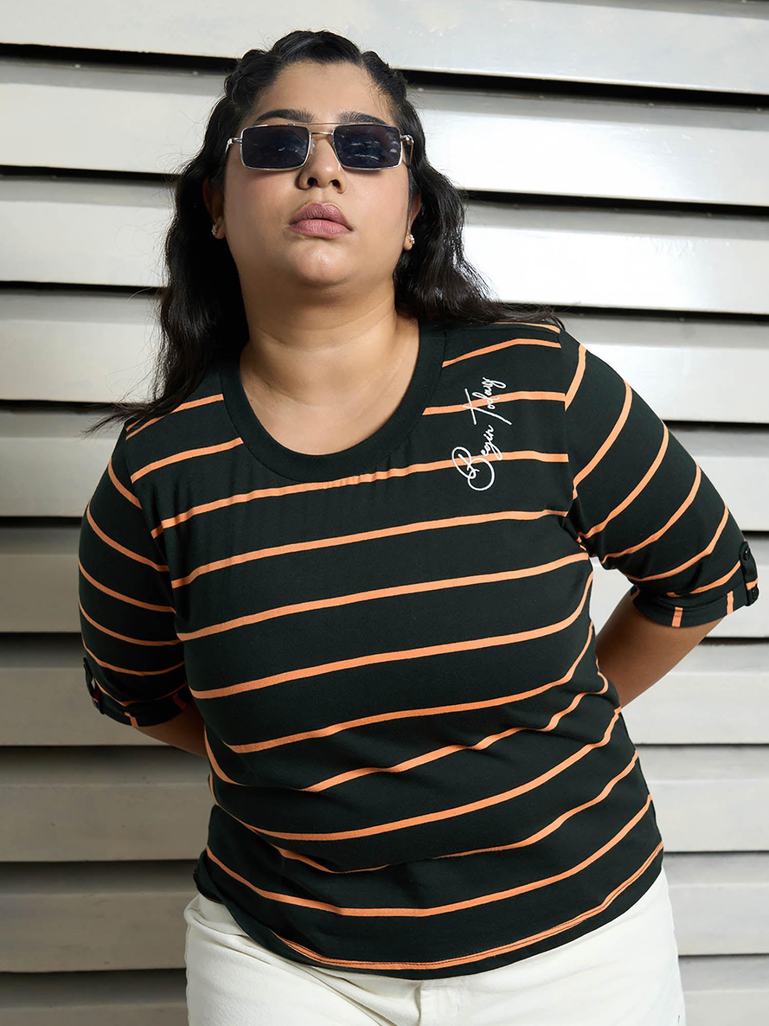 round neck cotton short sleeves striped regular fit t-shirt