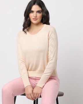 round-neck cotton sweater with ribbed hems