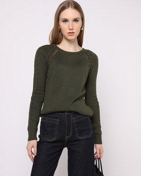 round-neck cotton sweater with ribbed hems