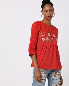 round-neck cotton tunic with floral embroidered yoke