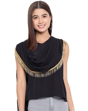 round-neck cowl top with tassels