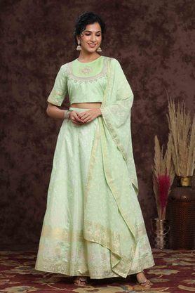 round neck crepe flared women's lehenga choli set - green