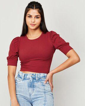 round-neck crop top with puffed sleeves