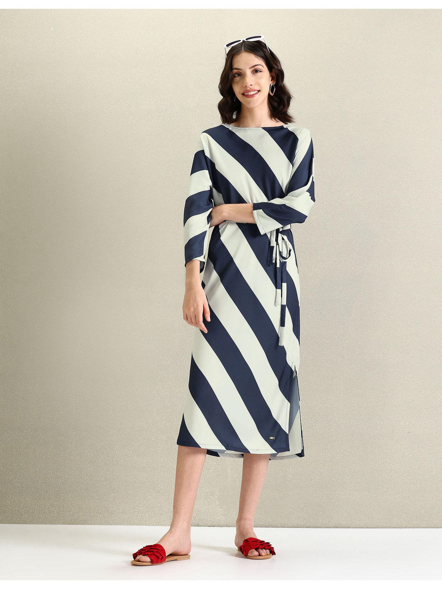 round neck diagonal stripe navy dress with belt (set of 2)