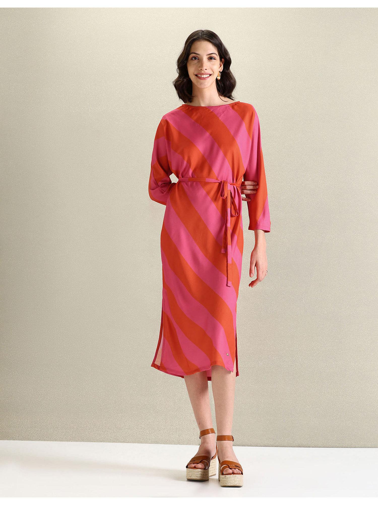 round neck diagonal stripe pink dress with belt (set of 2)