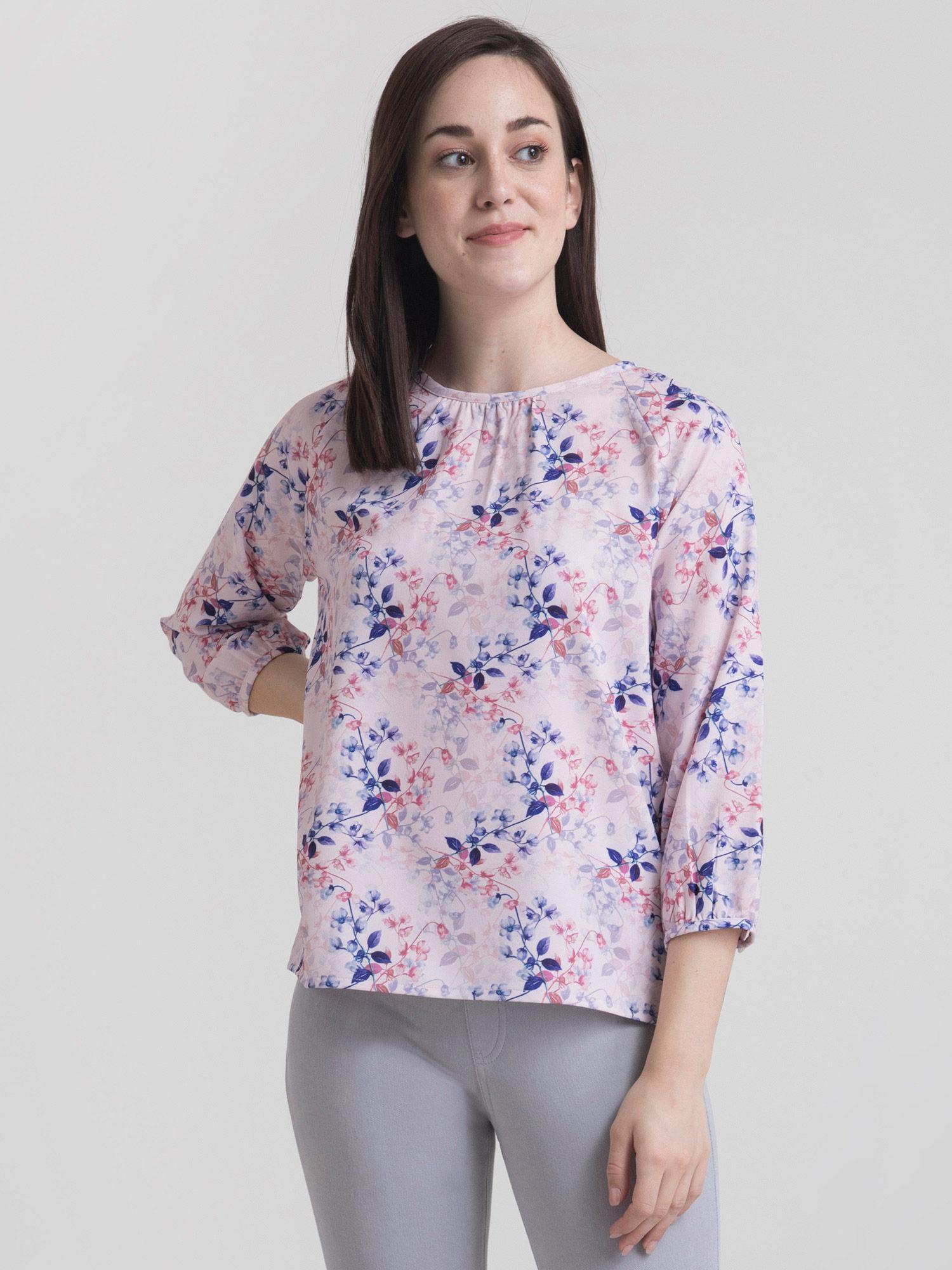 round neck ditsy floral top - pink and blue
