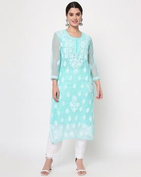 round-neck embroidered  straight kurta