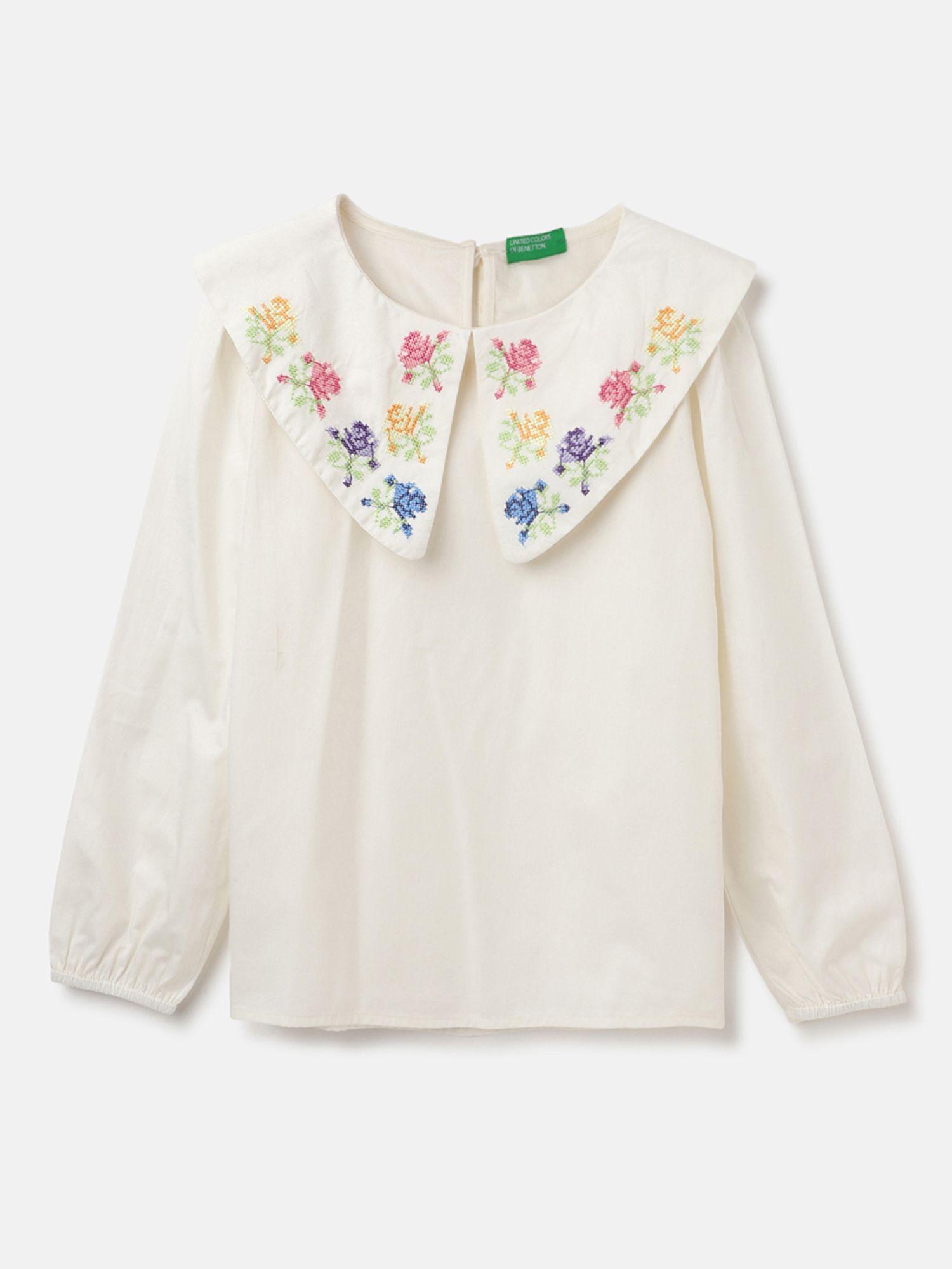 round neck embroidered button down top