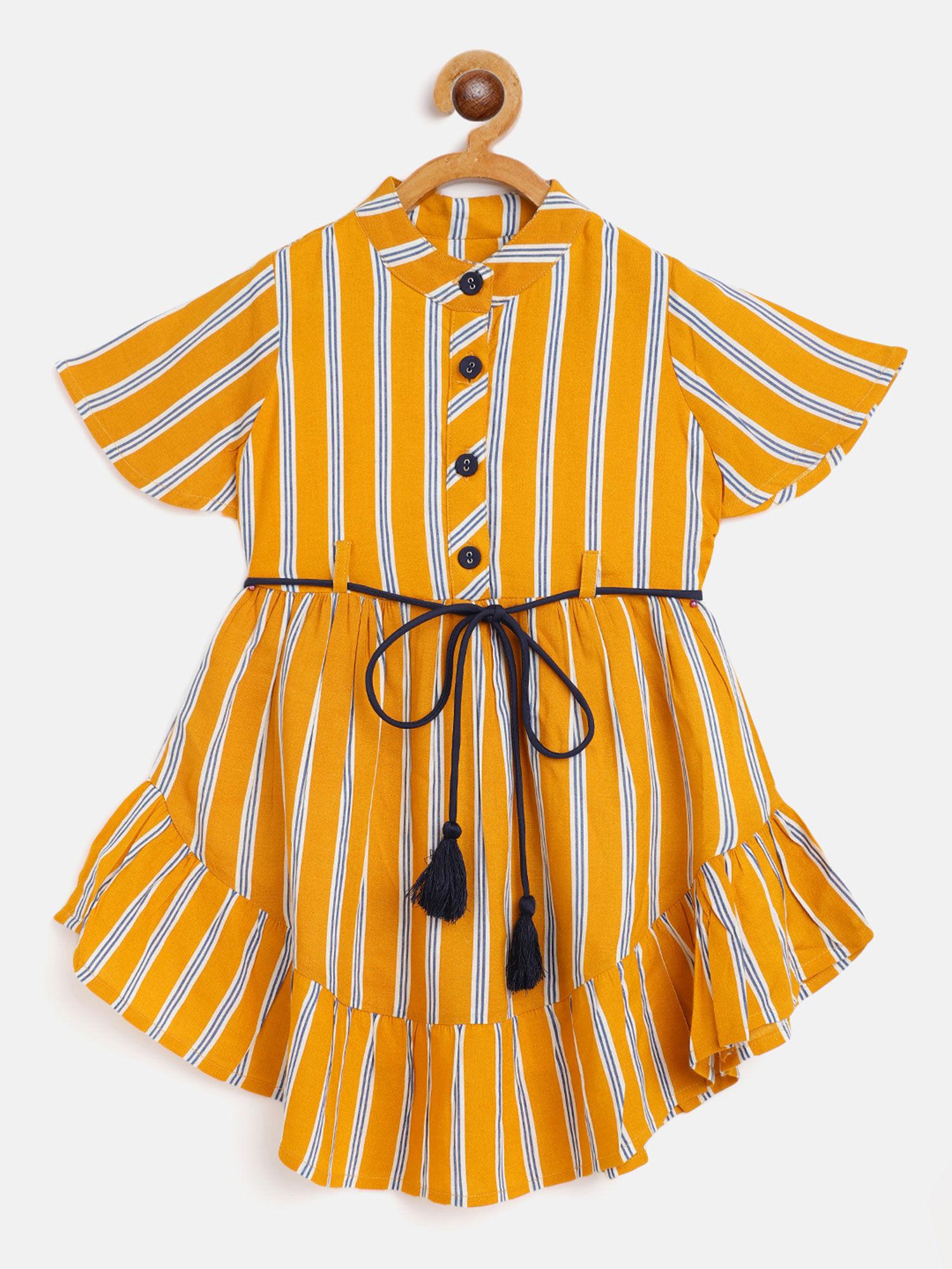 round neck fit & flair casual half sleeve stripe girls dress - mustard