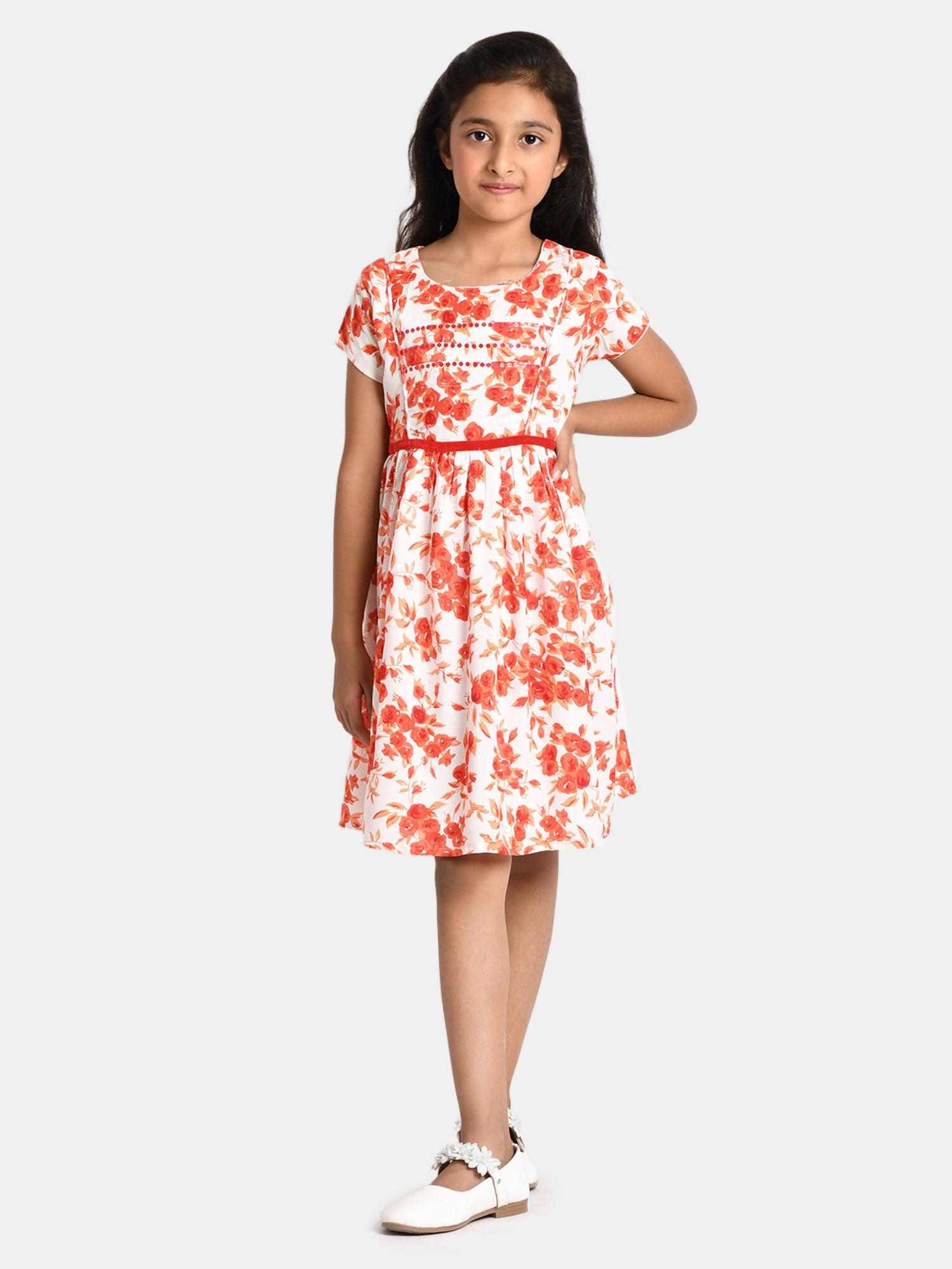 round neck fit & flair floral print half sleeve girls dress - off white