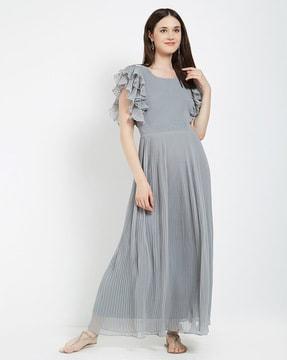 round-neck fit & flare dress with butterfly sleeves