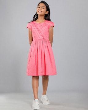 round-neck fit & flare dress with frill detail