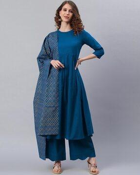 round-neck flared kurta suit set