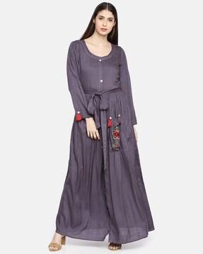 round-neck flared kurta with tie-up & tassels