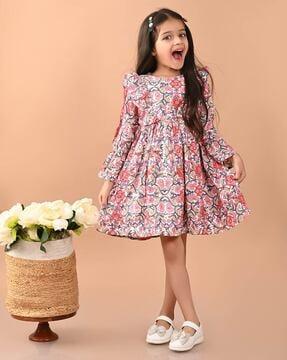 round-neck floral print fit and flare dress