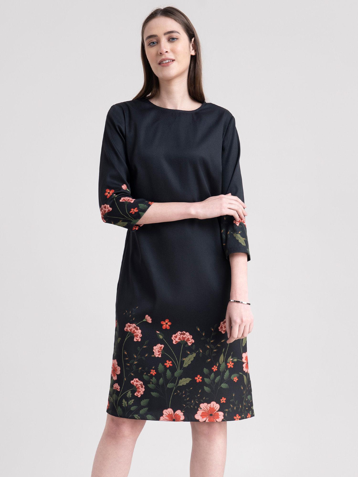 round neck floral print shift dress black and green