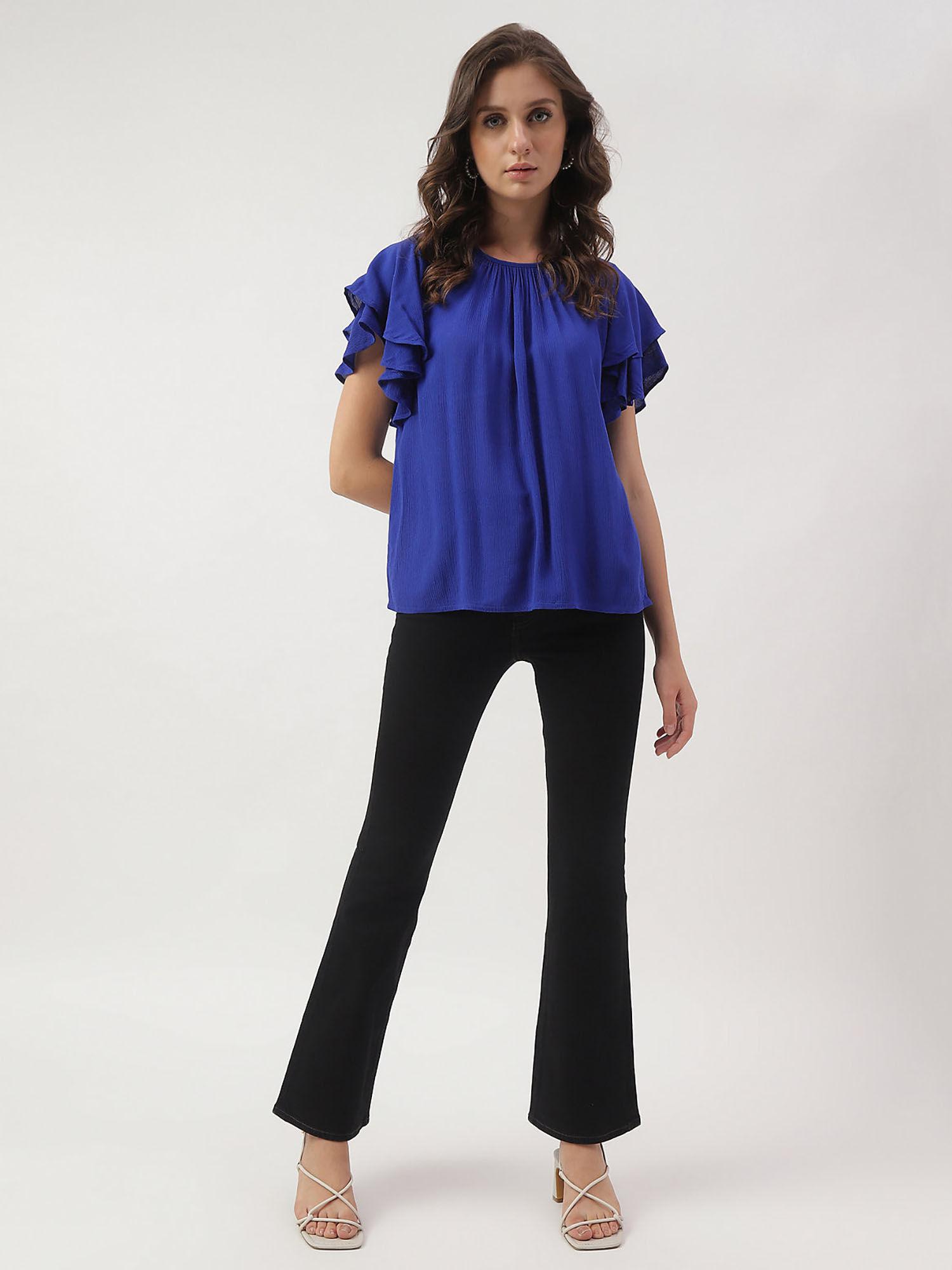 round neck flutter sleeves blue top