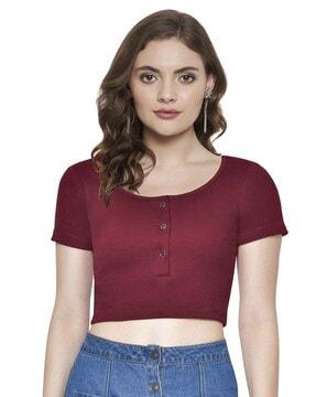 round-neck front buttoned blouse top