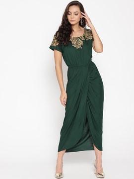 round-neck front-slit dress