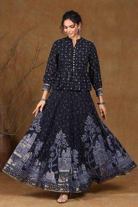 round neck georgette flared women's lehenga choli set - black