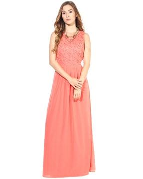 round neck gown dress with lace & pleats